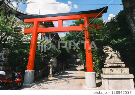 [宇治上神社／宇治神社]朱色の大きな鳥居 128945557