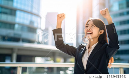 ガッツポーズで喜ぶ女性のポートレート 128945568