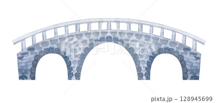 Classic stone bridge with three arches, simple railing. Hand-painted watercolor illustration isolated on white. Ideal for fairytale scenes, fantasy landscapes, rural settings, architectural design 128945699
