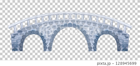 Classic stone bridge with three arches, simple railing. Hand-painted watercolor illustration isolated on white. Ideal for fairytale scenes, fantasy landscapes, rural settings, architectural design 128945699