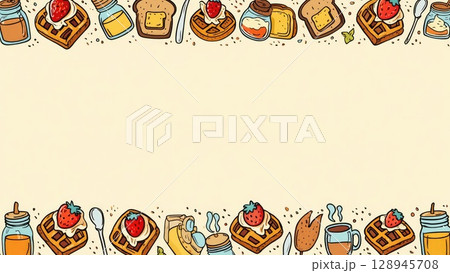 Cute breakfast-themed frame with hand-drawn food like waffles, eggs, coffee, and toast around a light beige center. Ideal for menus or blogs. Generative AI. 128945708