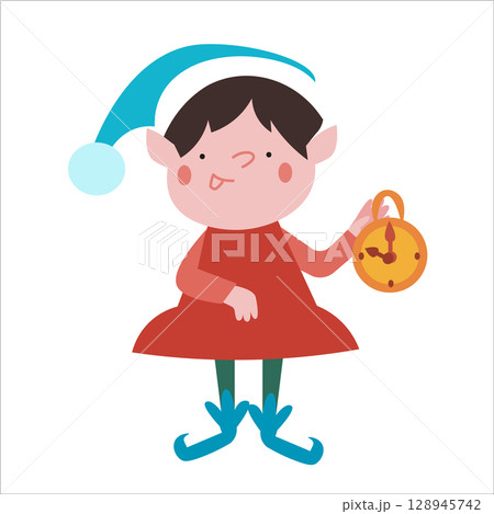 Elf getting ready for Christmas. New Year Eve and winter holidays. Set of isolated children illustrations on white background. Stylized image for greeting card. 128945742