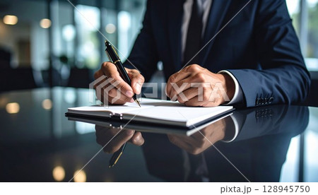 メモを取るビジネスマンの腕 128945750