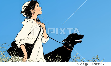 愛犬と散歩している若い女性（シンプルな色使い）