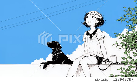 愛犬と散歩している若い女性（シンプルな色使い）