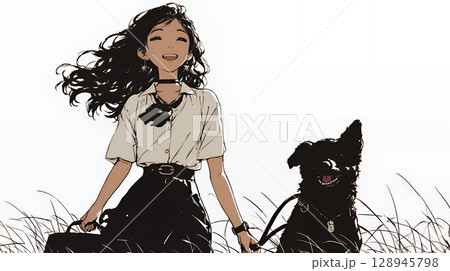 愛犬と散歩している若い女性（シンプルな色使い）