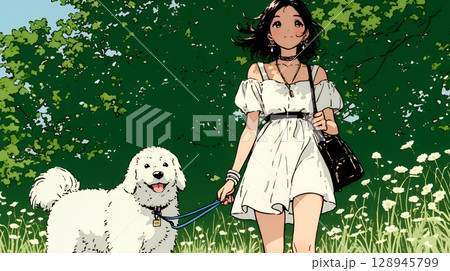 愛犬と散歩している若い女性（シンプルな色使い）