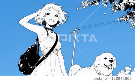愛犬と散歩している若い女性（シンプルな色使い）
