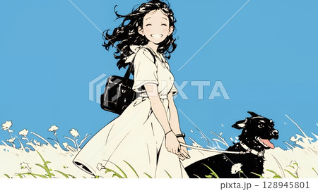 愛犬と散歩している若い女性（シンプルな色使い）