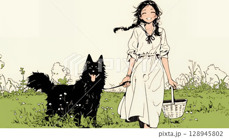 愛犬と散歩している若い女性（シンプルな色使い）