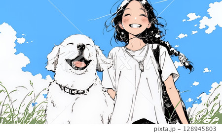 愛犬と散歩している若い女性（シンプルな色使い）