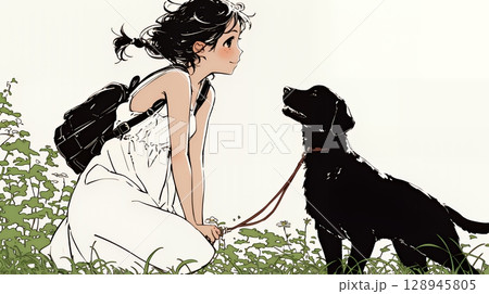 愛犬と散歩している若い女性（シンプルな色使い）