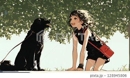 愛犬と散歩している若い女性（シンプルな色使い）