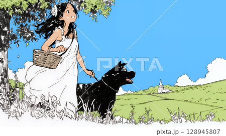 愛犬と散歩している若い女性（シンプルな色使い）
