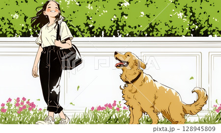 愛犬と散歩している若い女性（シンプルな色使い）
