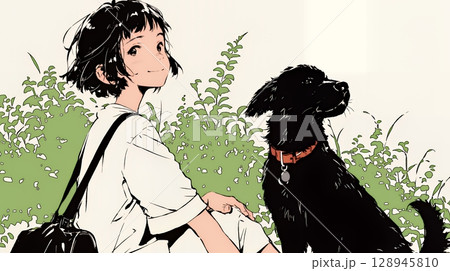愛犬と散歩している若い女性（シンプルな色使い）