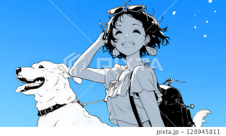 愛犬と散歩している若い女性（シンプルな色使い）