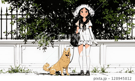 愛犬と散歩している若い女性（シンプルな色使い）