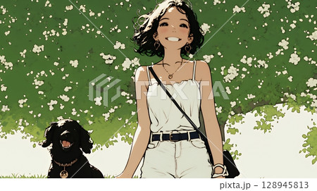 愛犬と散歩している若い女性（シンプルな色使い）