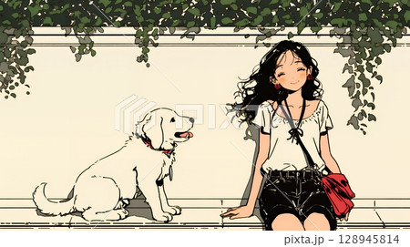 愛犬と散歩している若い女性（シンプルな色使い）