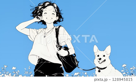 愛犬と散歩している若い女性（シンプルな色使い）