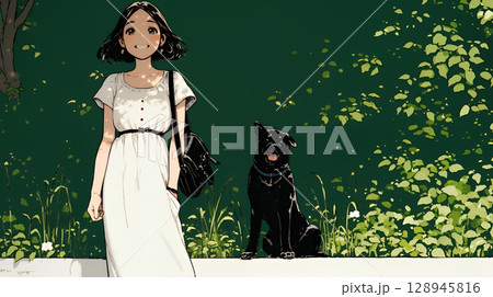 愛犬と散歩している若い女性（シンプルな色使い）