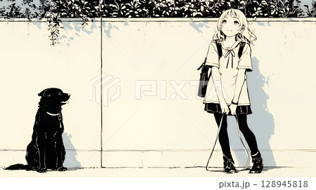 愛犬と散歩している若い女性（シンプルな色使い）