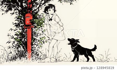 愛犬と散歩している若い女性（シンプルな色使い）
