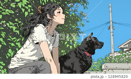愛犬と散歩している若い女性