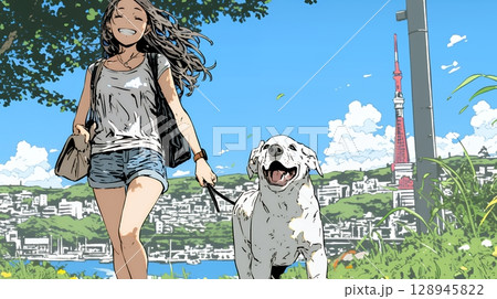 愛犬と散歩している若い女性