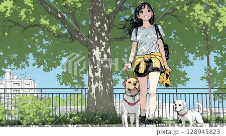 愛犬と散歩している若い女性