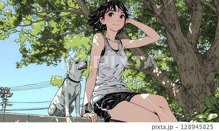 愛犬と散歩している若い女性