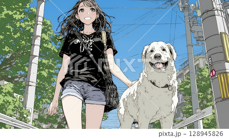 愛犬と散歩している若い女性