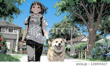 愛犬と散歩している若い女性