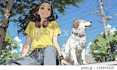 愛犬と散歩している若い女性