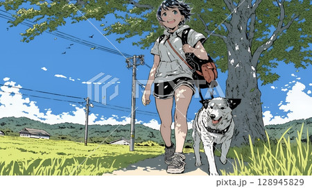愛犬と散歩している若い女性