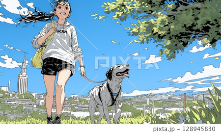 愛犬と散歩している若い女性