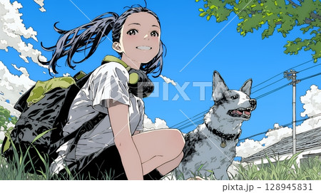 愛犬と散歩している若い女性