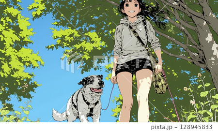 愛犬と散歩している若い女性