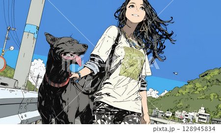 愛犬と散歩している若い女性