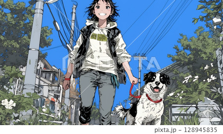 愛犬と散歩している若い女性
