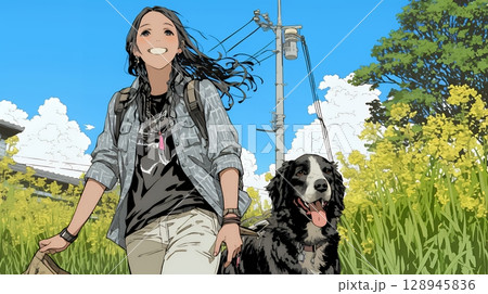 愛犬と散歩している若い女性