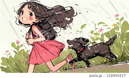 愛犬と散歩をしている女の子（クレヨン＋水彩画風）