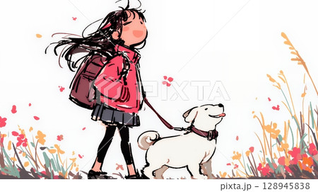 愛犬と散歩をしている女の子（クレヨン＋水彩画風）