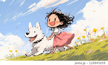 愛犬と散歩をしている女の子（クレヨン＋水彩画風）