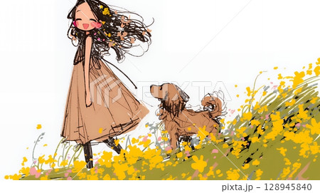 愛犬と散歩をしている女の子（クレヨン＋水彩画風）