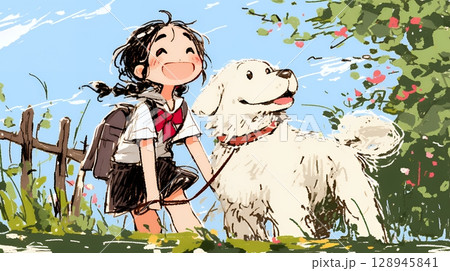 愛犬と散歩をしている女の子（クレヨン＋水彩画風）