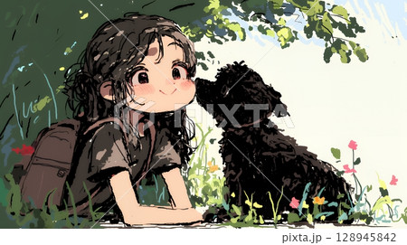 愛犬と散歩をしている女の子（クレヨン＋水彩画風）