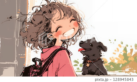 愛犬と散歩をしている女の子（クレヨン＋水彩画風）