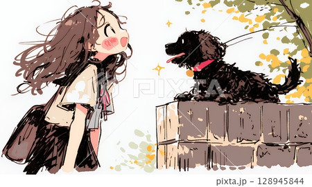 愛犬と散歩をしている女の子（クレヨン＋水彩画風）